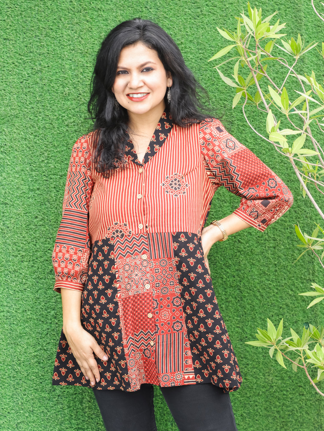 Sara Ebony Black Peplum Ajrak Cotton Shirt