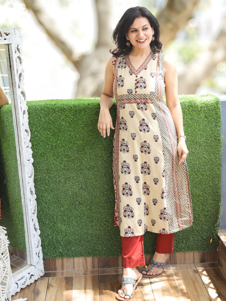 Arya Beige Red Ajrak Panel Cotton Kurti