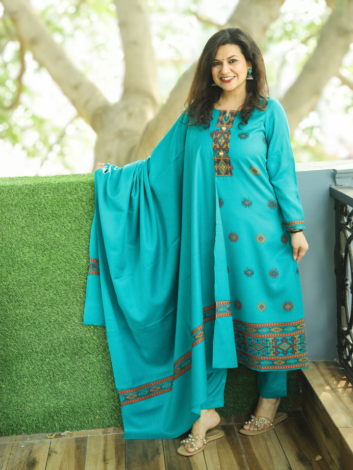 शैलजा Aqua Turquoise Round Neck Kullu Weaved Semi Pashmina Winter 3 Piece Set