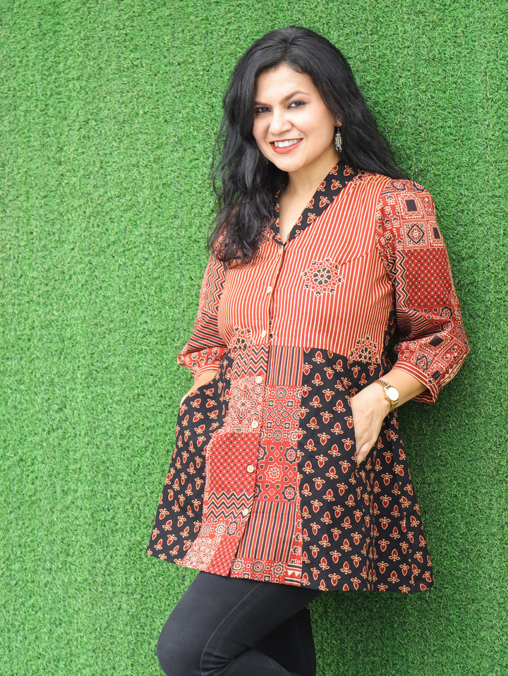 Sara Ebony Black Peplum Ajrak Cotton Shirt