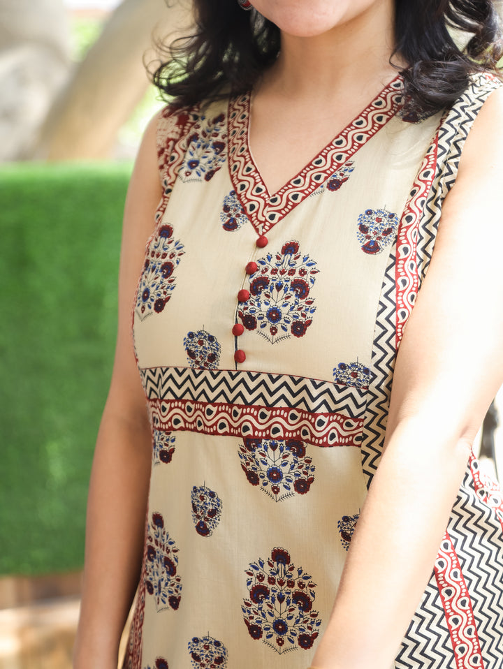 Arya Beige Red Ajrak Panel Cotton Kurti