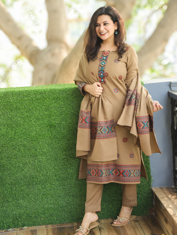 शैलजा San Tan Beige Round Neck Kullu Weaved Semi Pashmina Winter 3 Piece Set