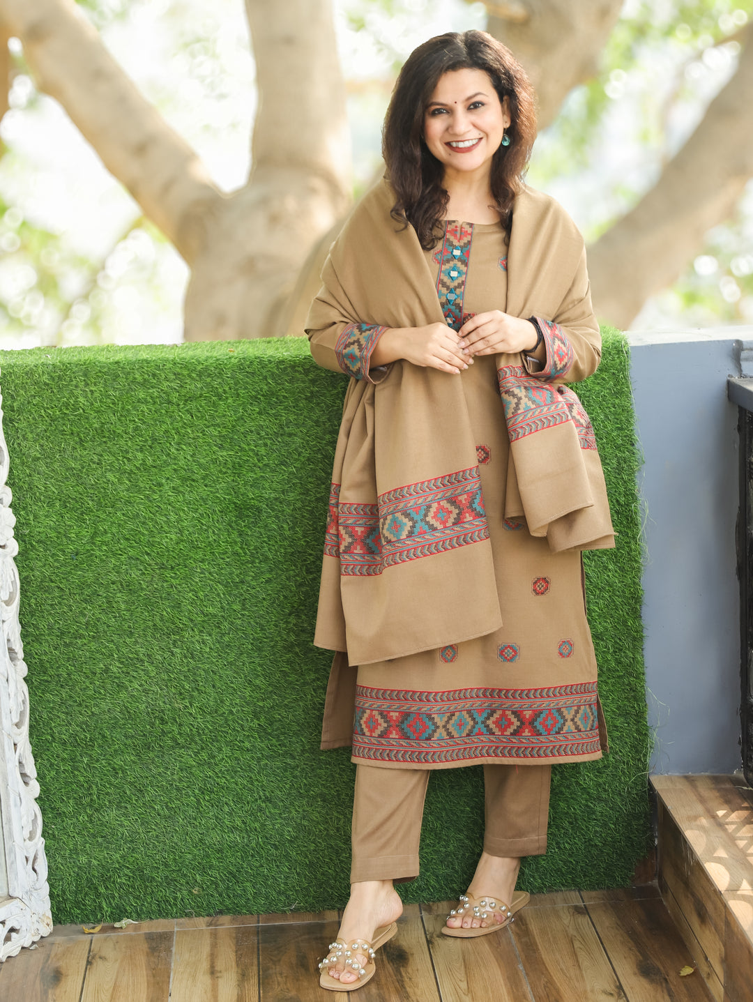 शैलजा San Tan Beige Round Neck Kullu Weaved Semi Pashmina Winter 3 Piece Set