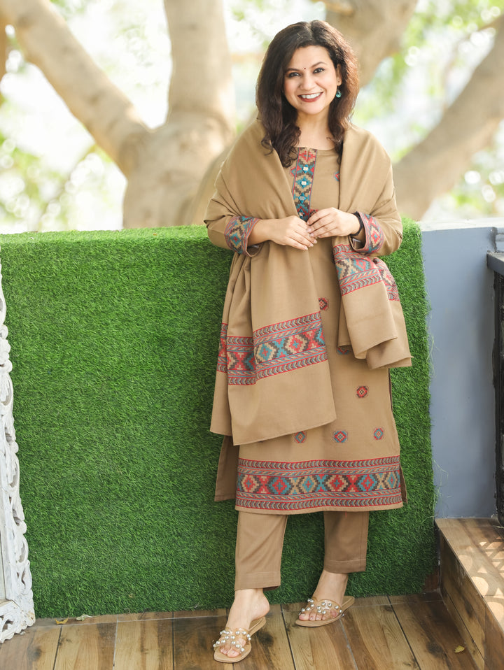 शैलजा San Tan Beige Round Neck Kullu Weaved Semi Pashmina Winter 3 Piece Set