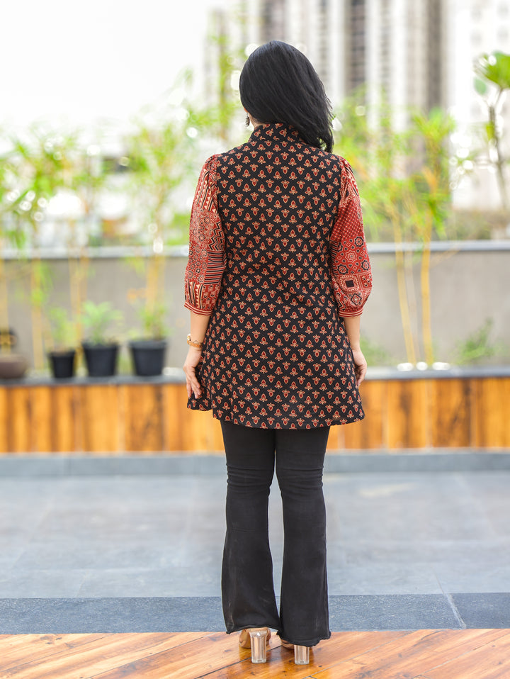 Sara Ebony Black Peplum Ajrak Cotton Shirt