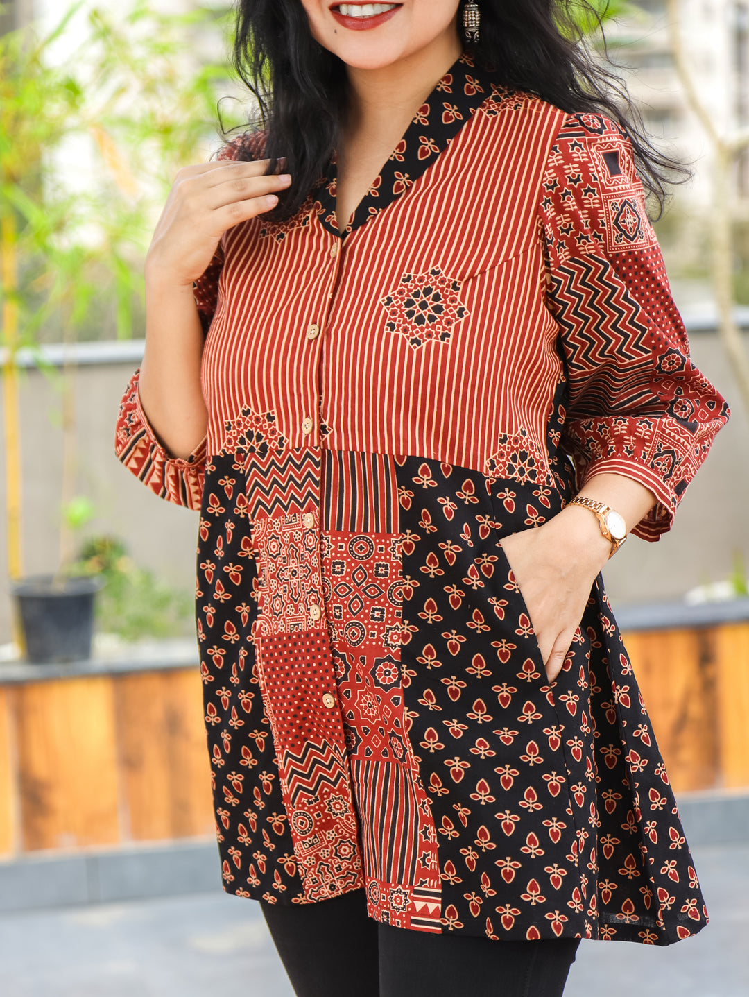 Sara Ebony Black Peplum Ajrak Cotton Shirt