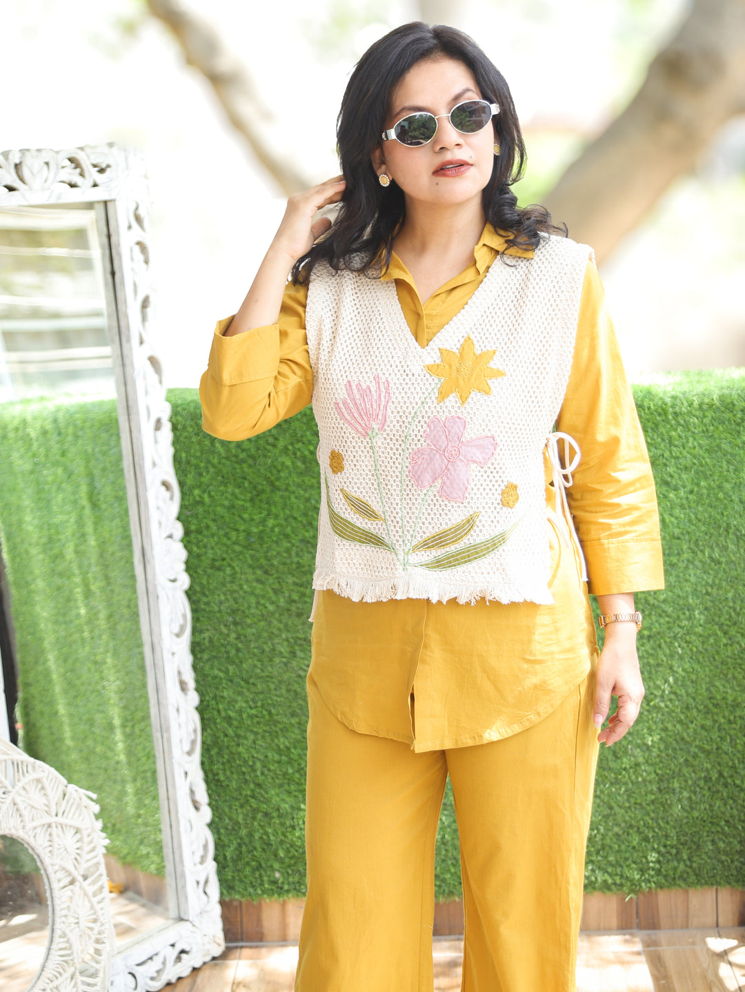 Nazia Yellow Co-ord Set with Crochet Jacket