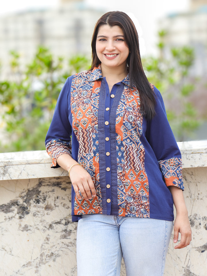 Meera Denim Blue Ajrak Cotton Shirt