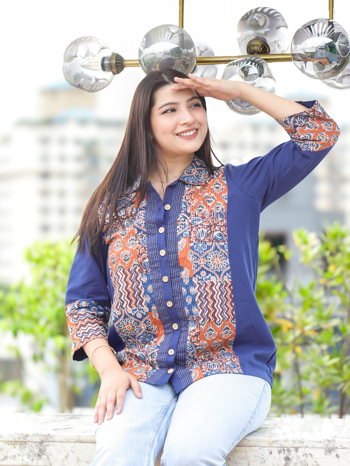 Meera Denim Blue Ajrak Cotton Shirt