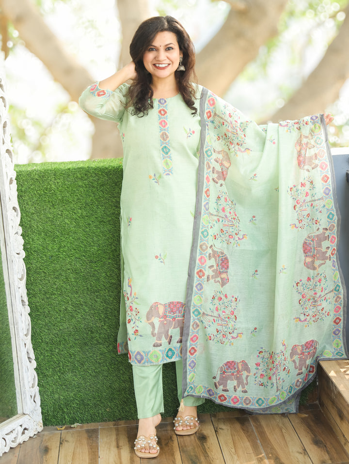 Chandni Pastel Green Digital Printed with Kantha Work Detailing Chanderi 3 Piece Set