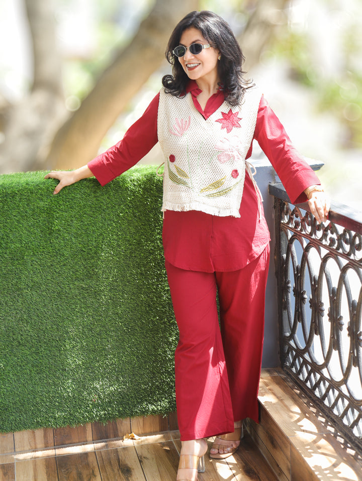 Nazia Red Co-ord Set with Crochet Jacket