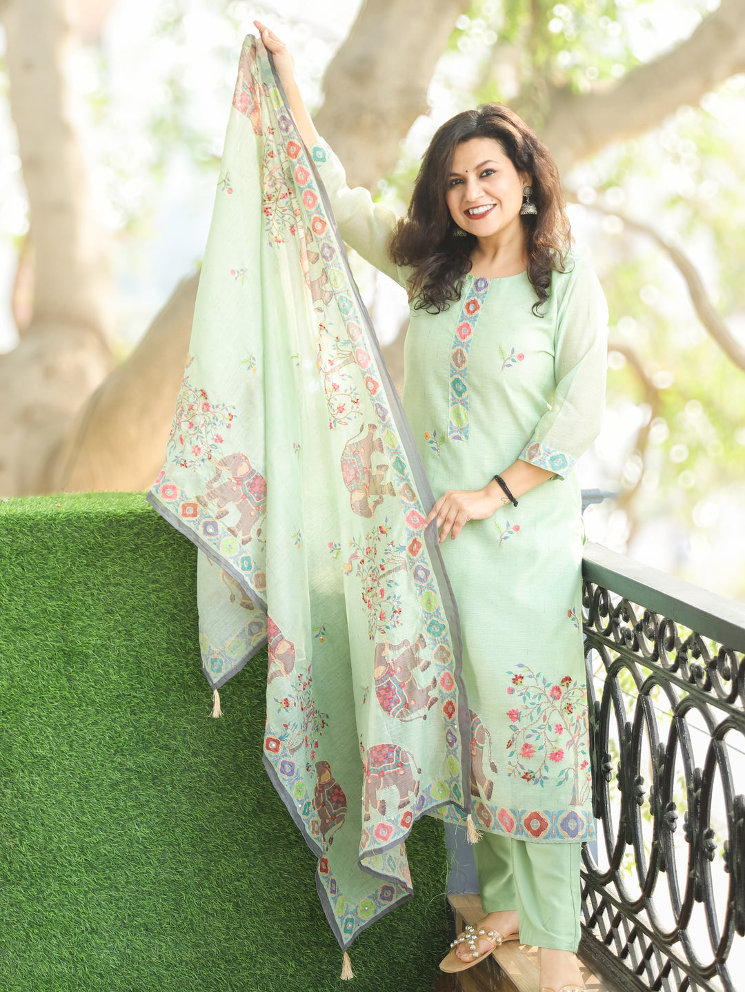 Chandni Pastel Green Digital Printed with Kantha Work Detailing Chanderi 3 Piece Set