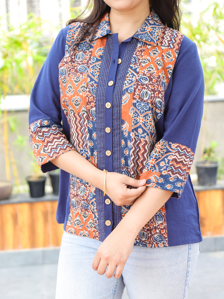 Meera Denim Blue Ajrak Cotton Shirt