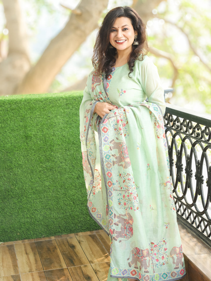 Chandni Pastel Green Digital Printed with Kantha Work Detailing Chanderi 3 Piece Set