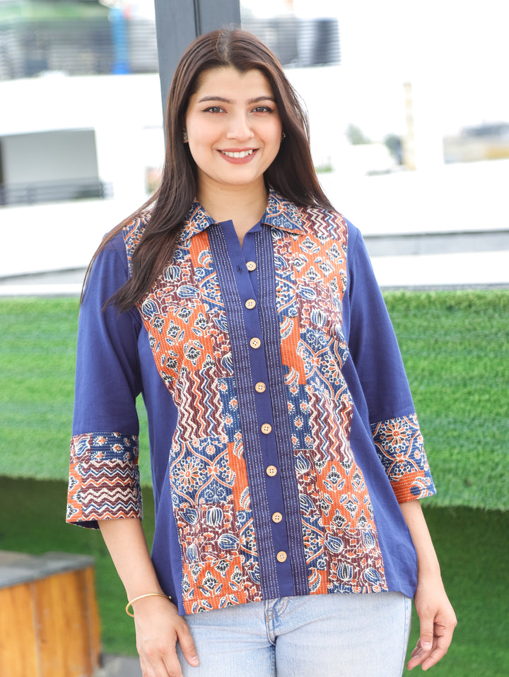 Meera Denim Blue Ajrak Cotton Shirt