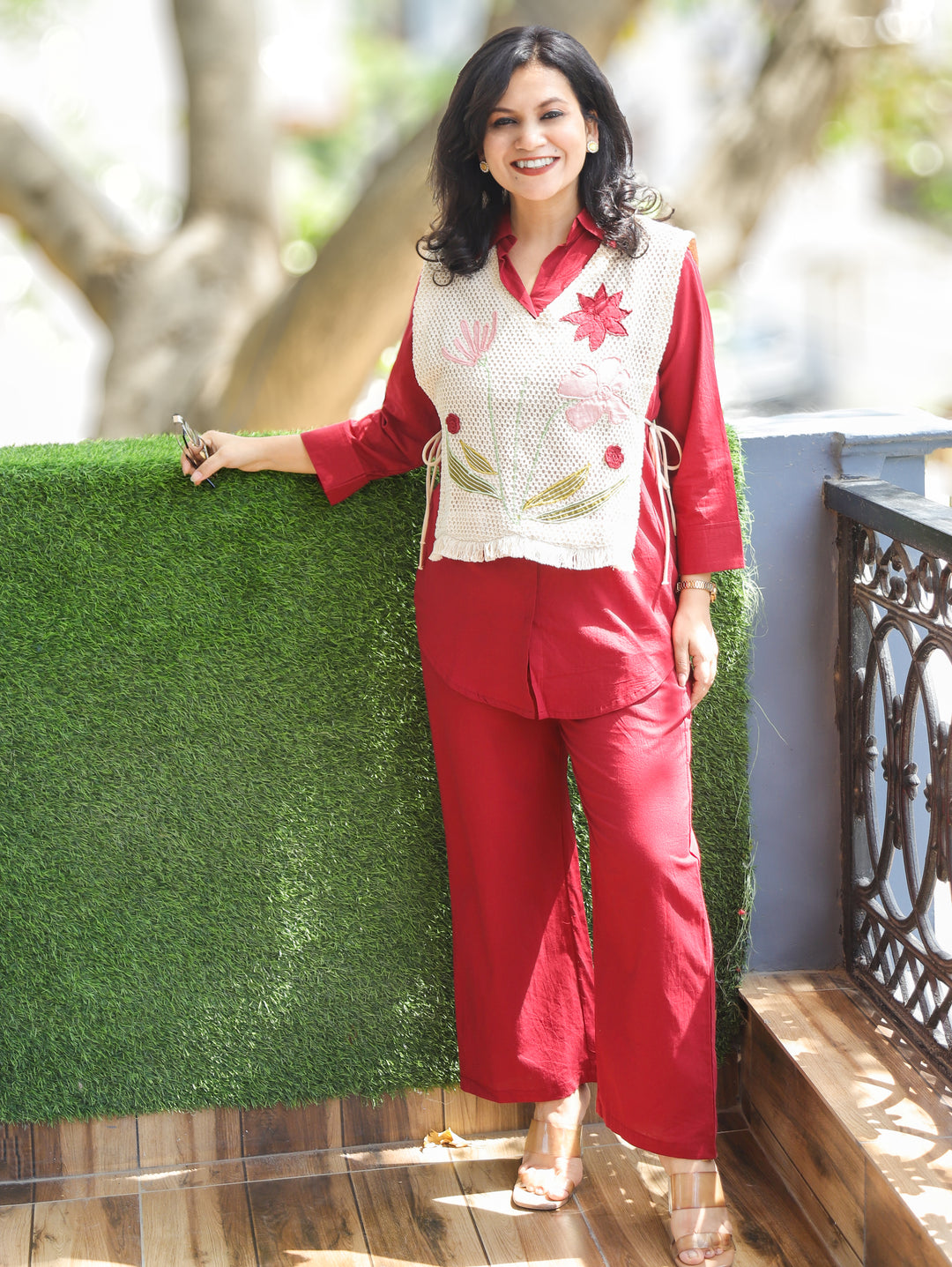 Nazia Red Co-ord Set with Crochet Jacket