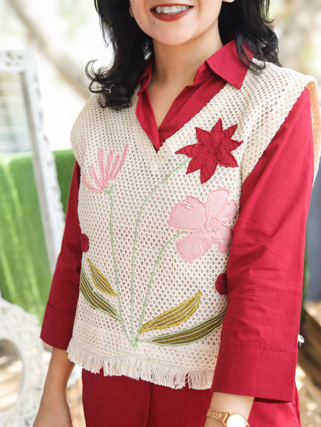Nazia Red Co-ord Set with Crochet Jacket