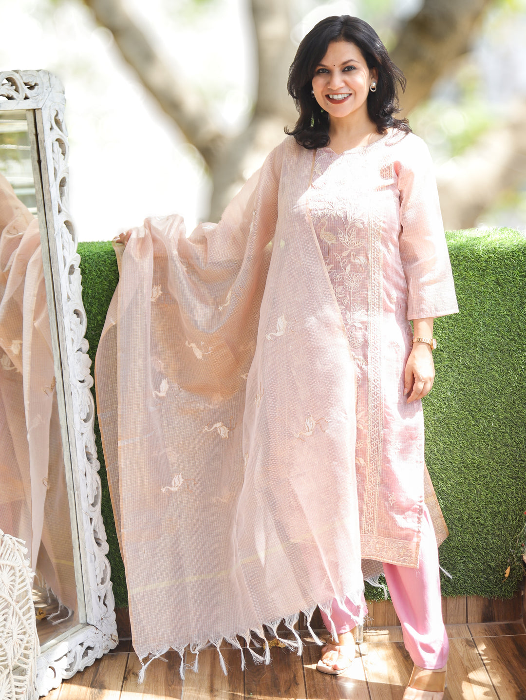 Madhavi Lilac Panel Style Shimmer Kota Doriya Set