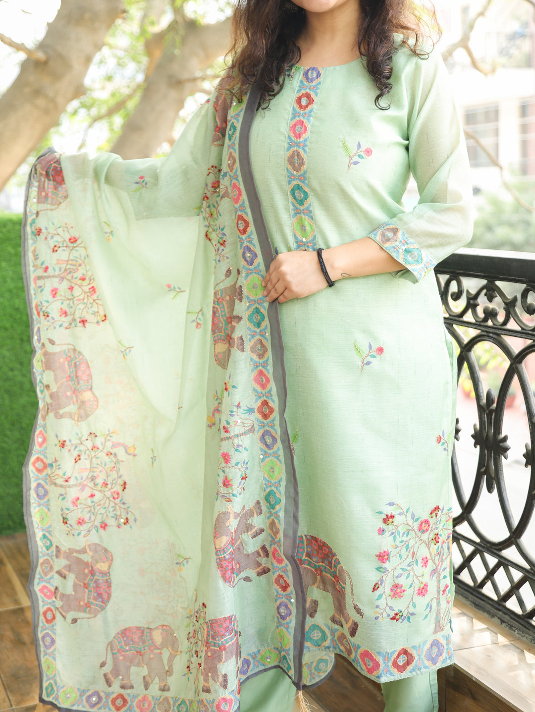 Chandni Pastel Green Digital Printed with Kantha Work Detailing Chanderi 3 Piece Set