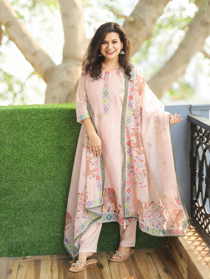 Chandni Baby Pink Digital Printed with Kantha Work Detailing Chanderi 3 Piece Set