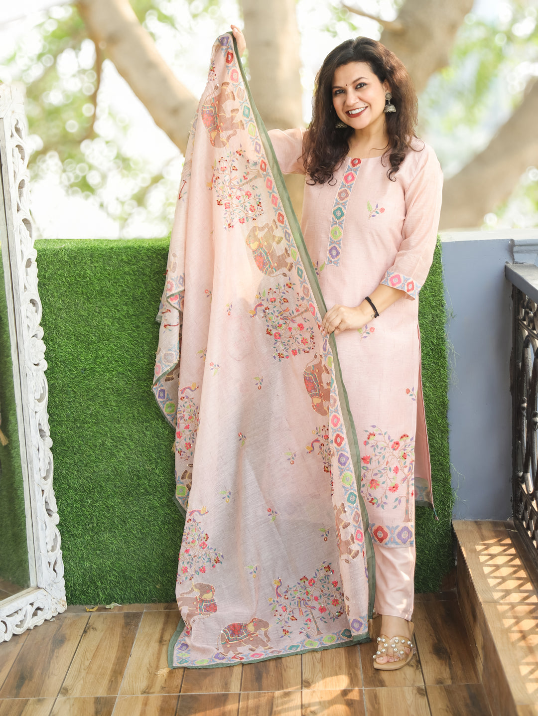 Chandni Baby Pink Digital Printed with Kantha Work Detailing Chanderi 3 Piece Set