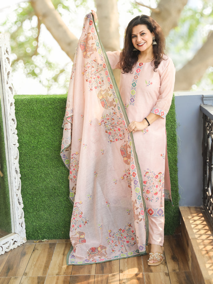 Chandni Baby Pink Digital Printed with Kantha Work Detailing Chanderi 3 Piece Set