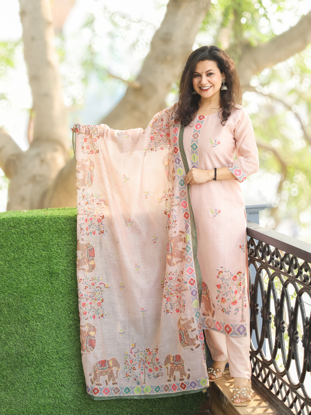 Chandni Baby Pink Digital Printed with Kantha Work Detailing Chanderi 3 Piece Set
