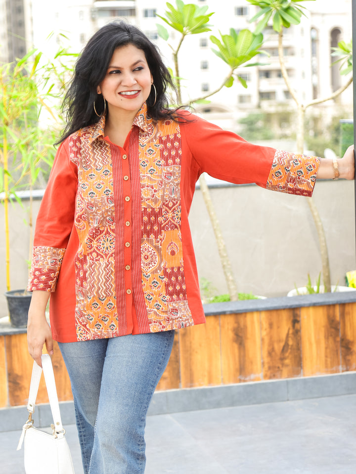 Meera Orange Ajrak Cotton Shirt
