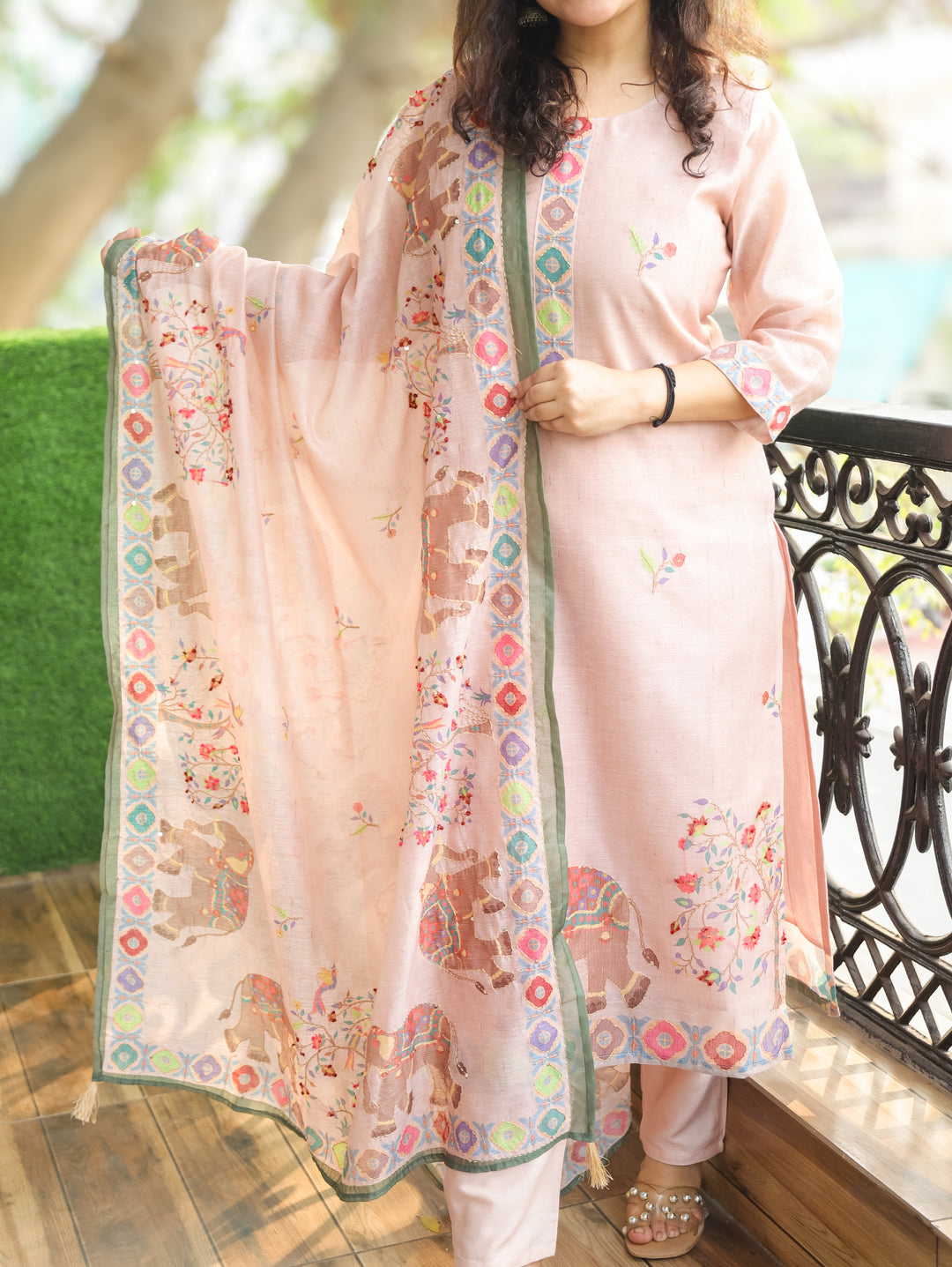 Chandni Baby Pink Digital Printed with Kantha Work Detailing Chanderi 3 Piece Set