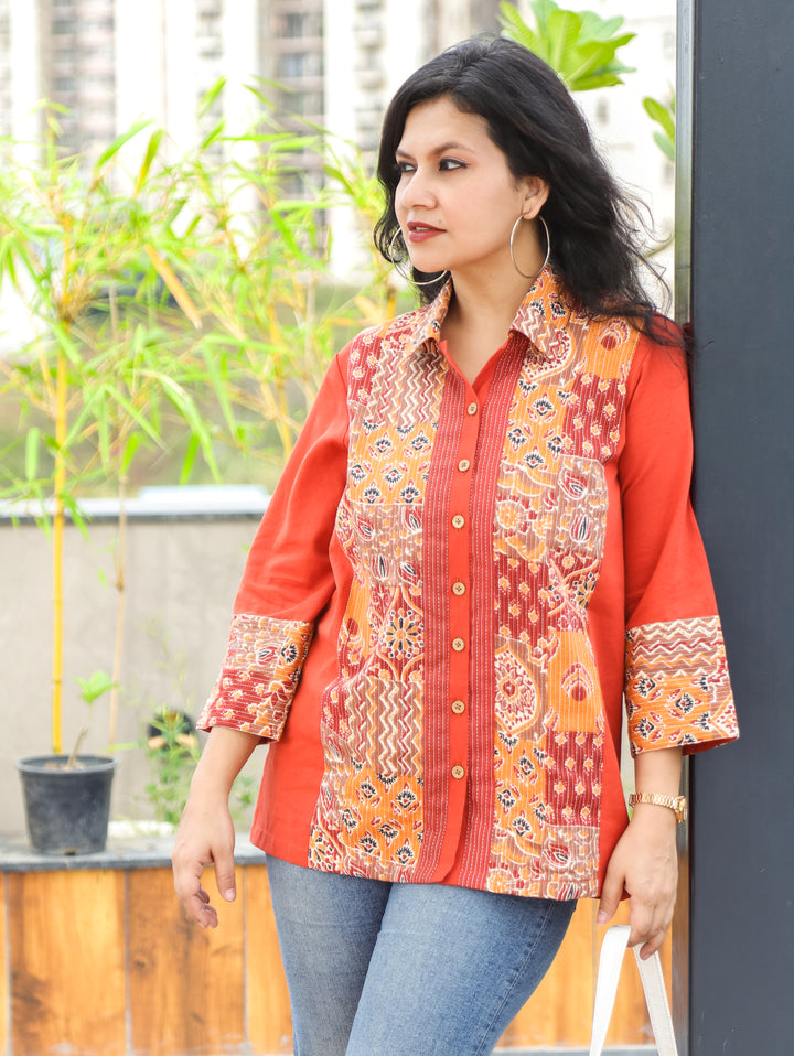 Meera Orange Ajrak Cotton Shirt