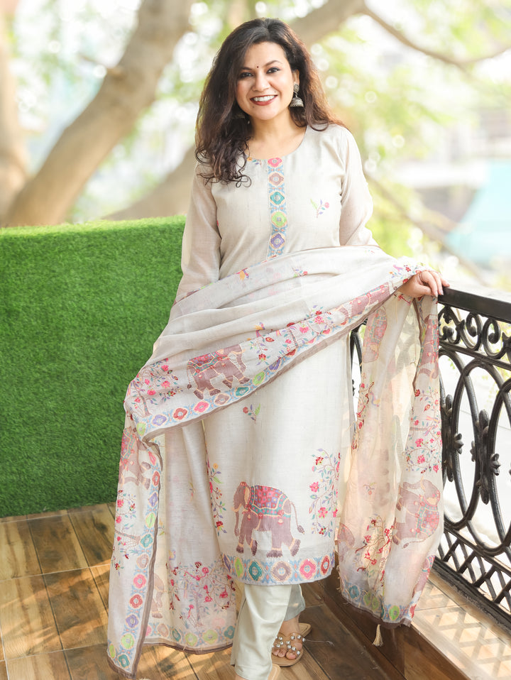 Chandni Light Grey Digital Printed with Kantha Work Detailing Chanderi 3 Piece Set