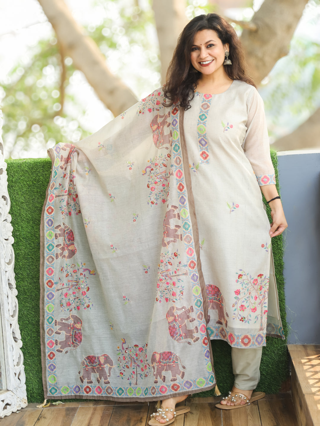 Chandni Light Grey Digital Printed with Kantha Work Detailing Chanderi 3 Piece Set