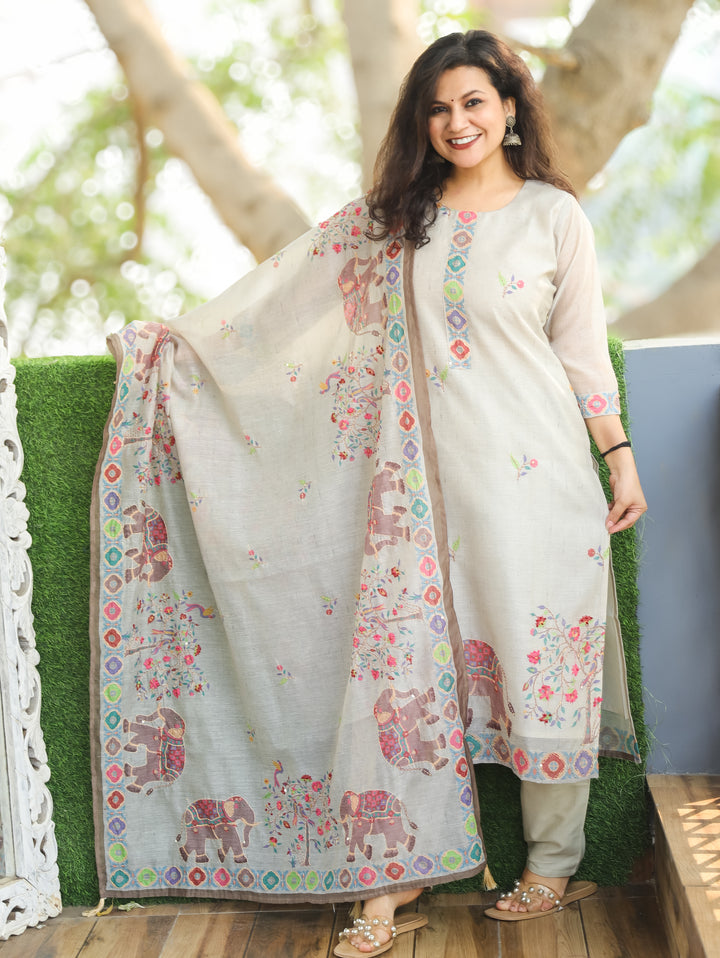 Chandni Light Grey Digital Printed with Kantha Work Detailing Chanderi 3 Piece Set