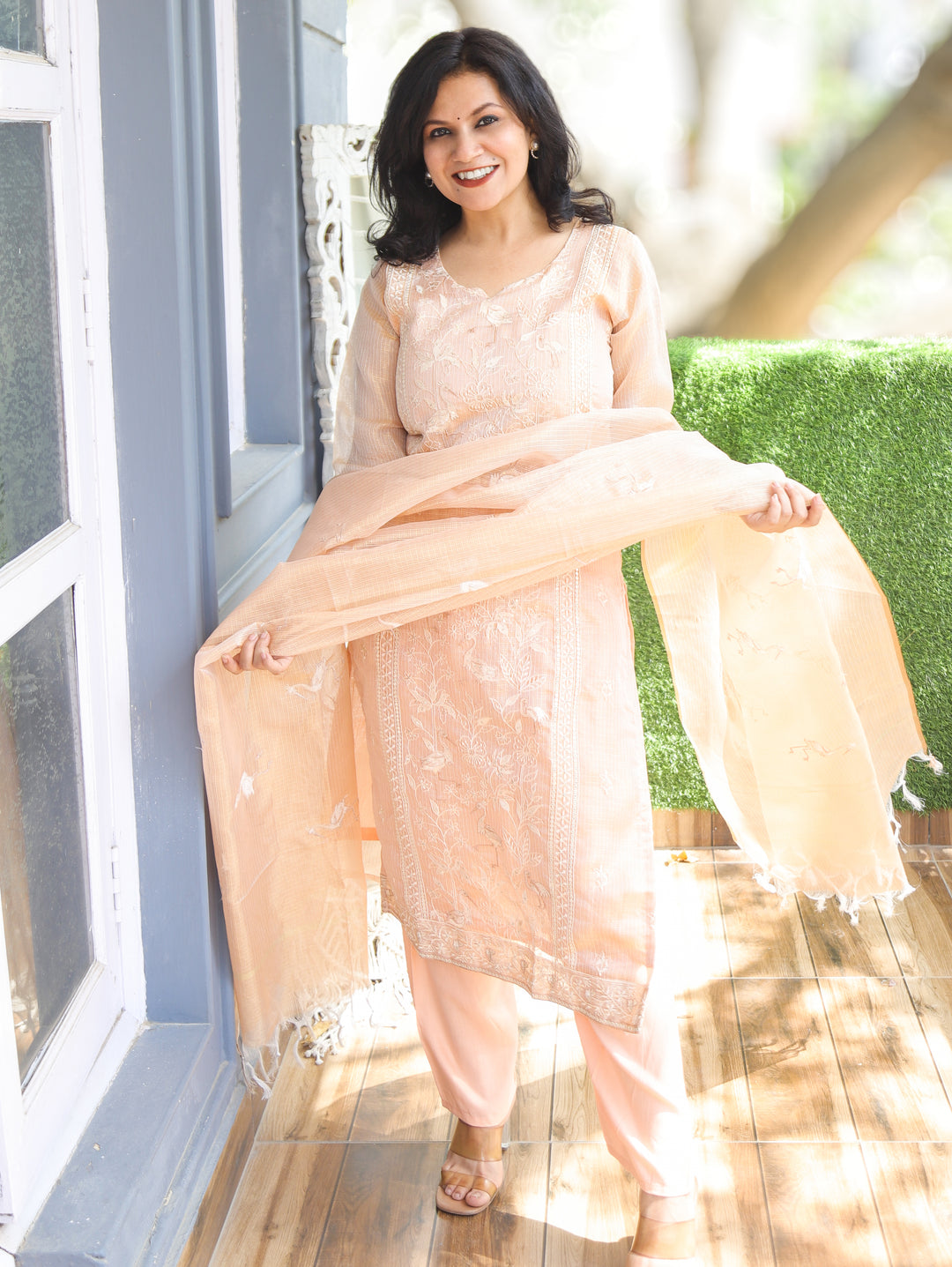Madhavi Peach Panel Style Shimmer Kota Doriya Set