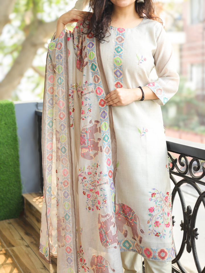 Chandni Light Grey Digital Printed with Kantha Work Detailing Chanderi 3 Piece Set
