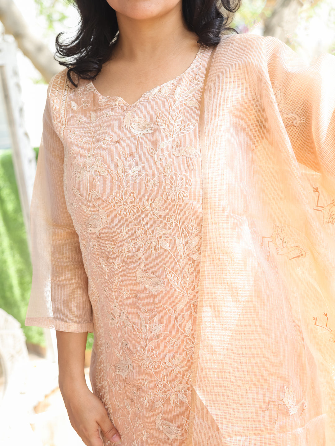 Madhavi Peach Panel Style Shimmer Kota Doriya Set