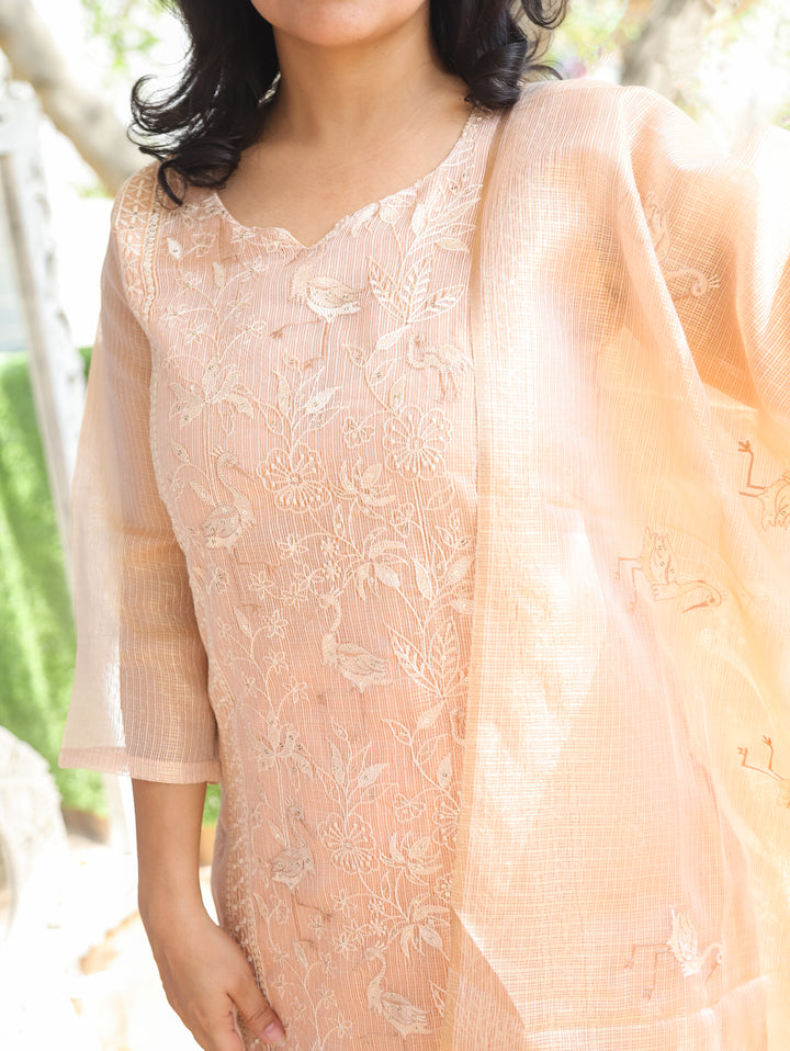 Madhavi Peach Panel Style Shimmer Kota Doriya Set