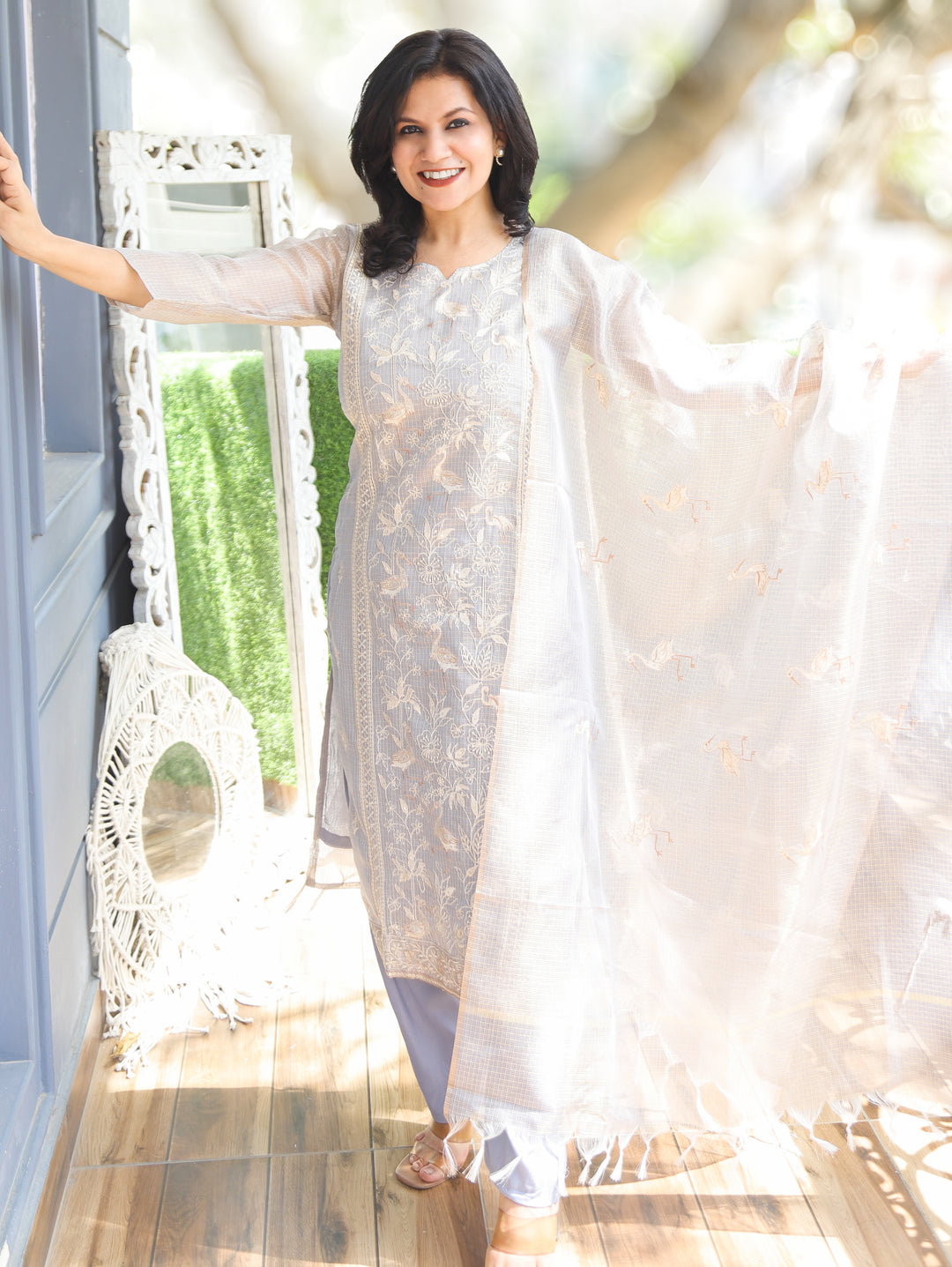 Madhavi Grey Panel Style Shimmer Kota Doriya Set