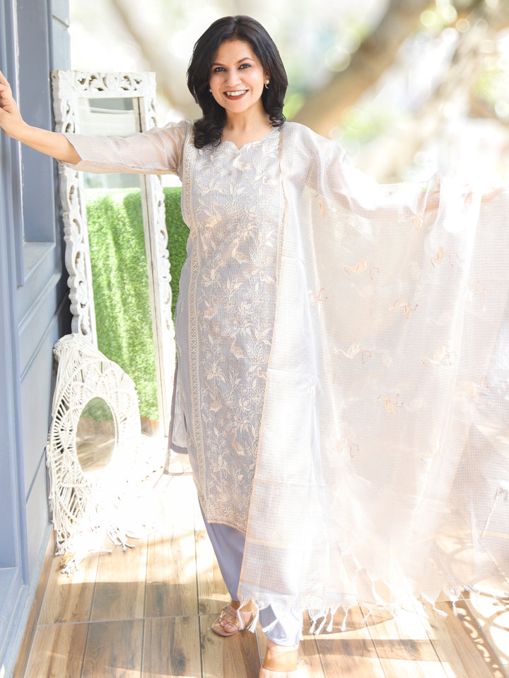 Madhavi Grey Panel Style Shimmer Kota Doriya Set