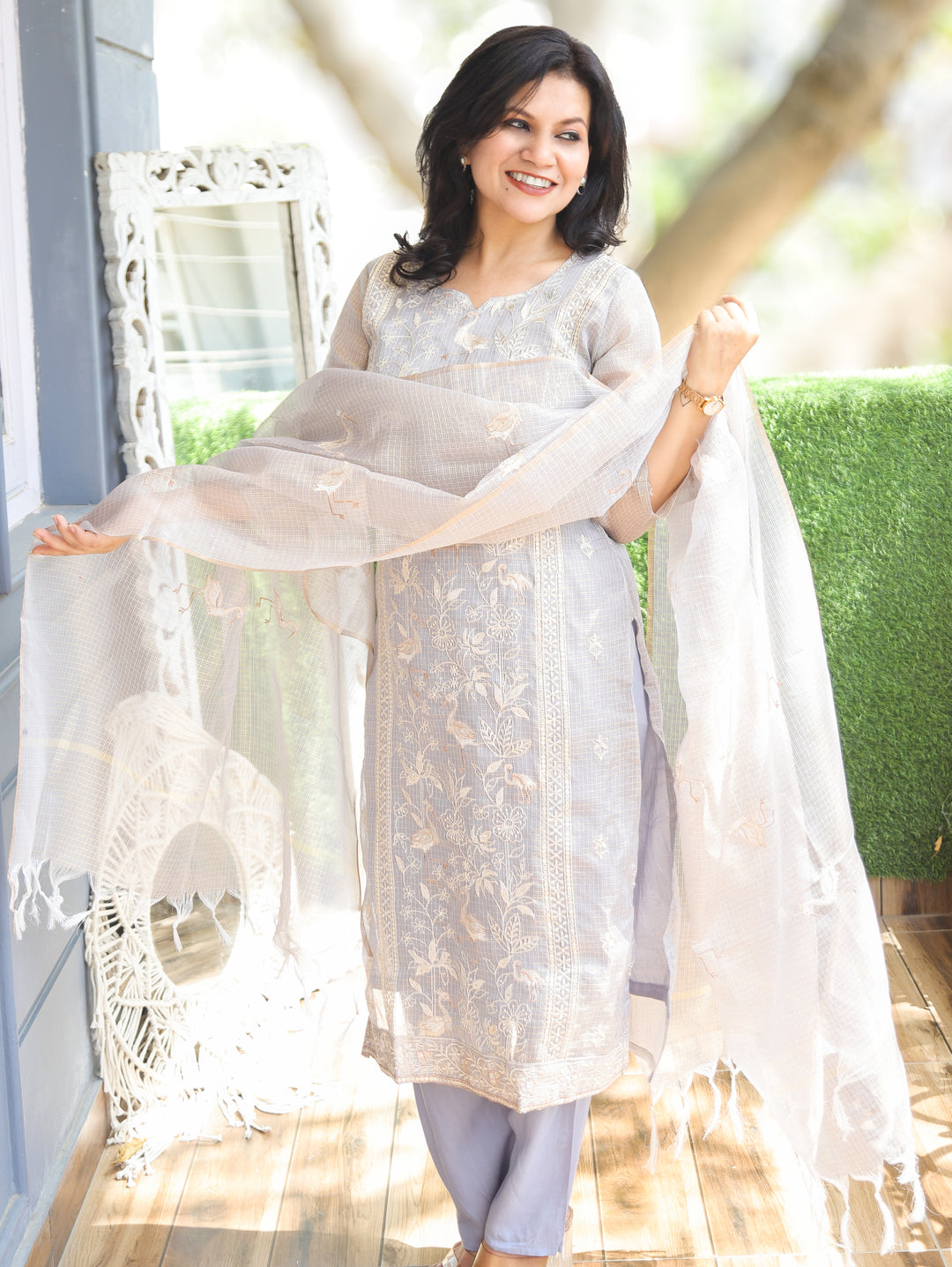 Madhavi Grey Panel Style Shimmer Kota Doriya Set