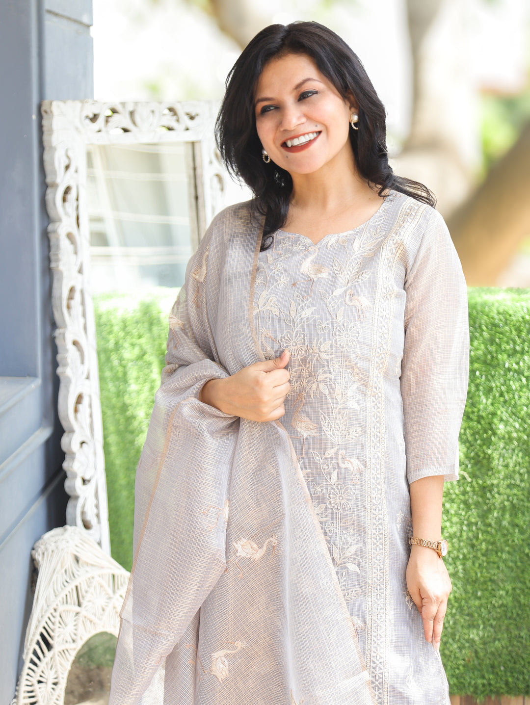 Madhavi Grey Panel Style Shimmer Kota Doriya Set