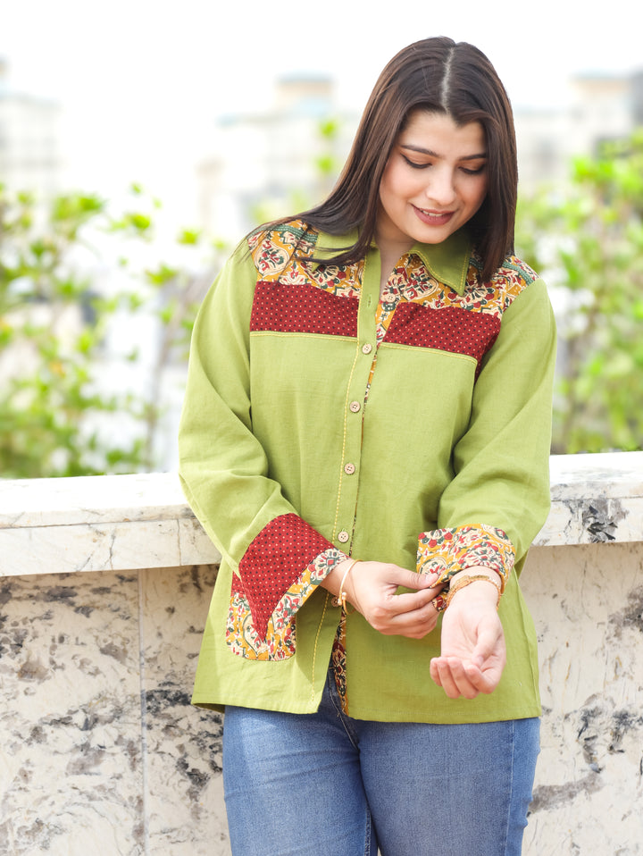 Ruya Leaf Green Contrast Cotton Shirt