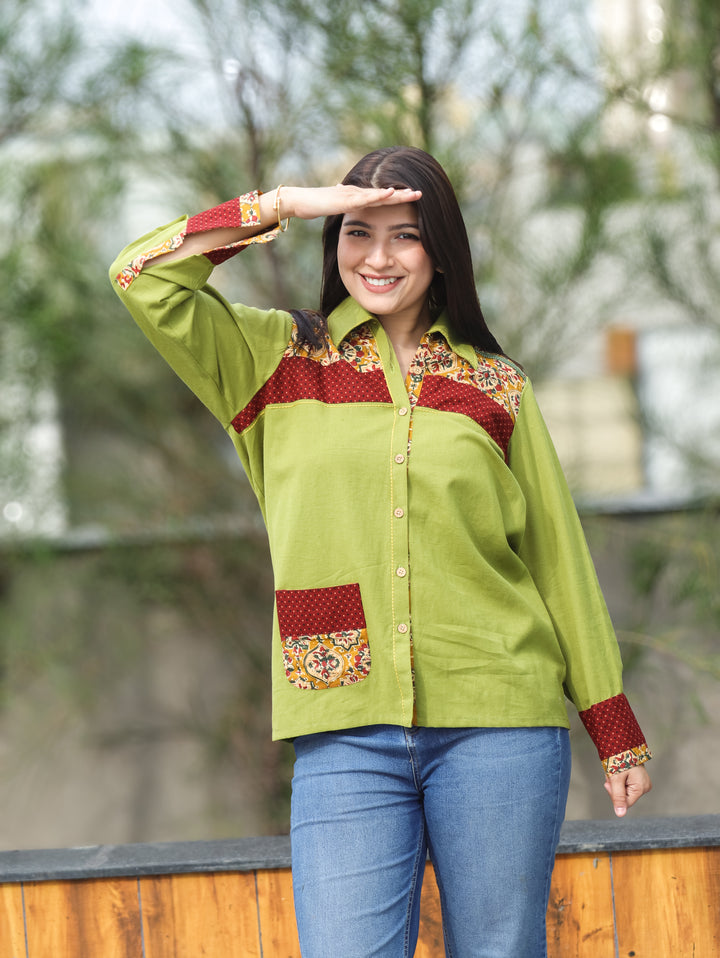 Ruya Leaf Green Contrast Cotton Shirt