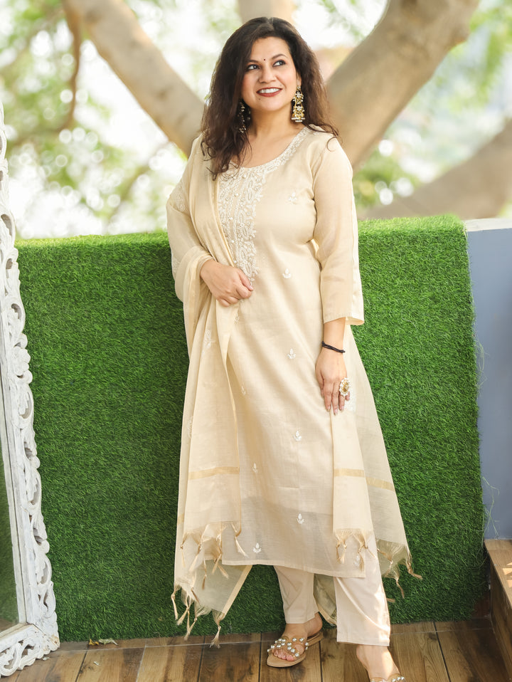 Haseena Ivory Beige Thread Embroidery with Pearl Work Shimmer Tissue Set