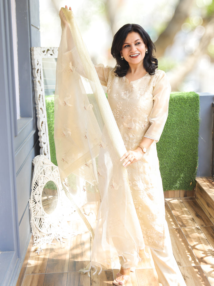 Madhavi Beige Bird Embroidery Shimmer Kota Doriya Set