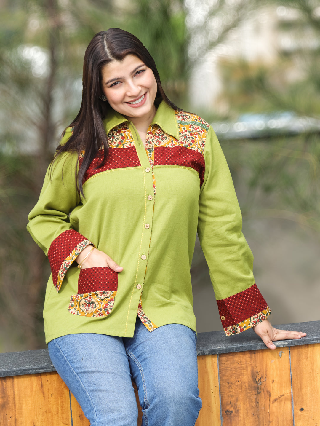 Ruya Leaf Green Contrast Cotton Shirt