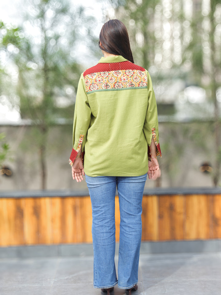 Ruya Leaf Green Contrast Cotton Shirt