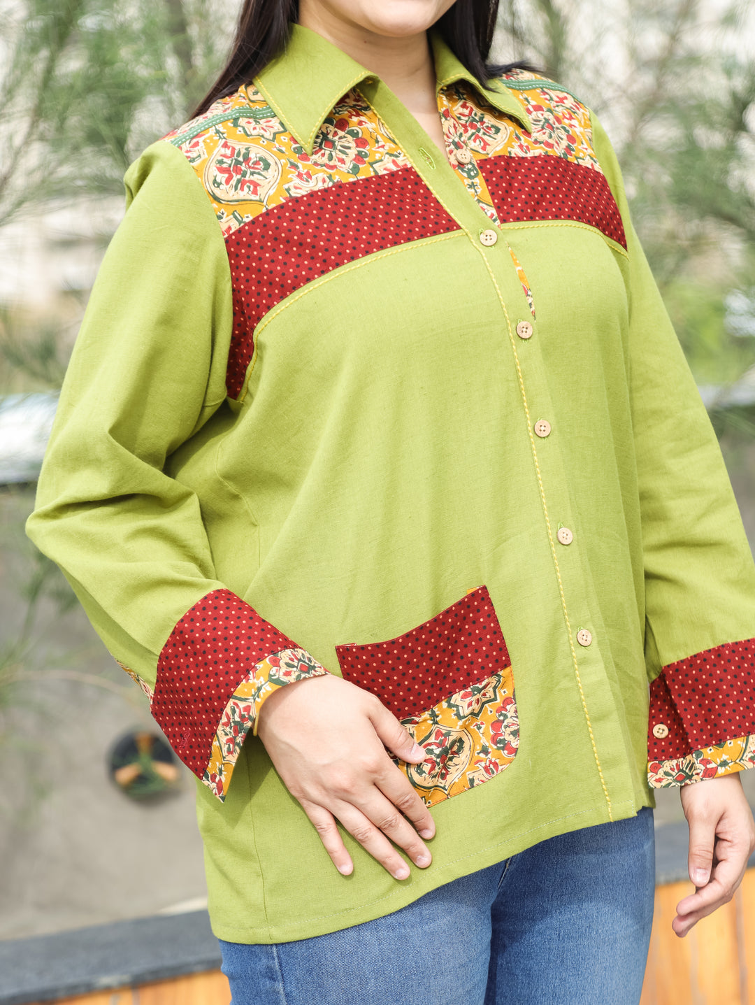 Ruya Leaf Green Contrast Cotton Shirt