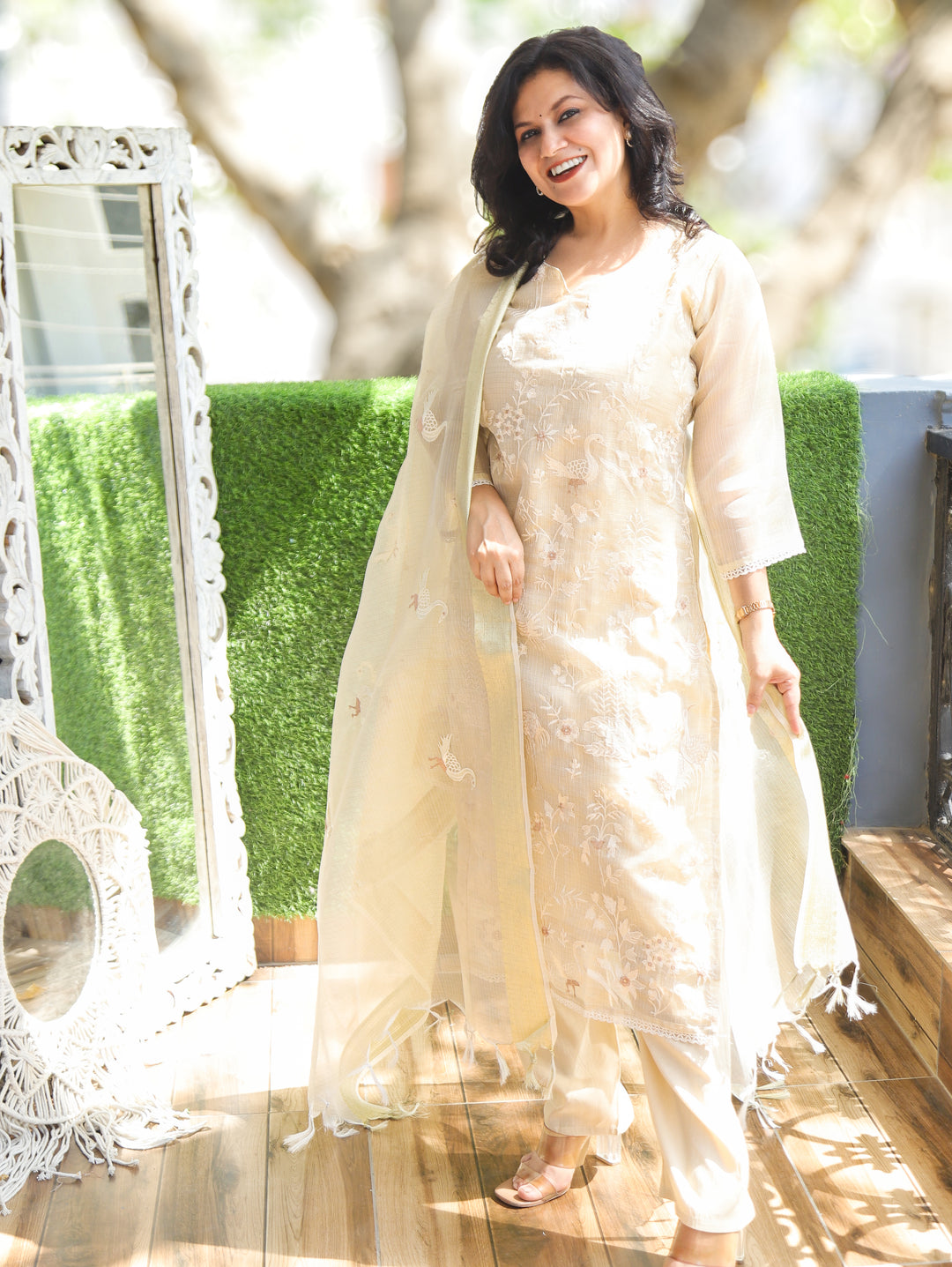 Madhavi Beige Bird Embroidery Shimmer Kota Doriya Set