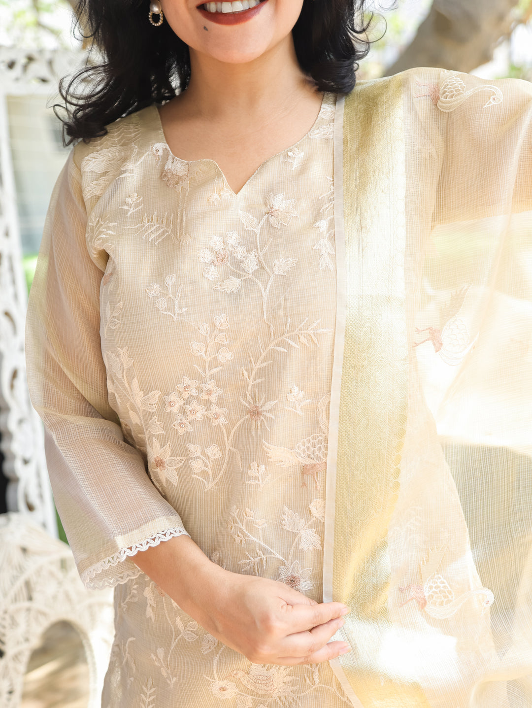 Madhavi Beige Bird Embroidery Shimmer Kota Doriya Set